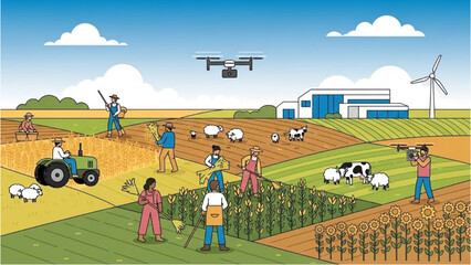 Farmers working together in a sustainable agricultural landscape with livestock and renewable energy sources under a clear blue sky