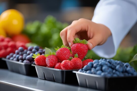 Hand of a child selecting fresh strawberries from a black container, surrounded by blueberries and vibrant fruits, showcasing colorful produce in a market setting - Powered by Adobe