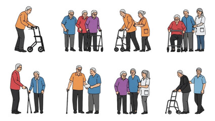 Elderly individuals with walking aids in various poses and interactions