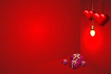 Valentine's day background with gift box 3d and light bulb. copy space area