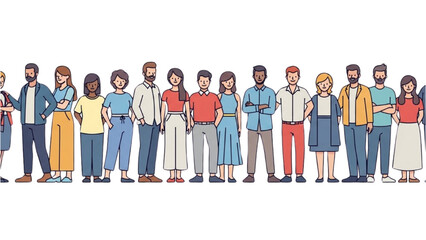 Diverse group of people standing together in a line, showcasing various cultures and styles