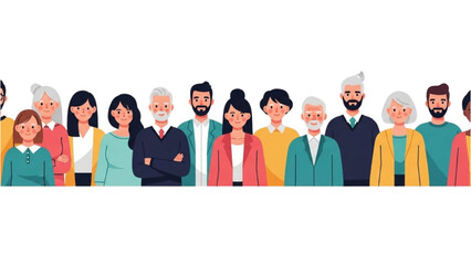 Diverse group of people standing together in a line from different cultures and ages