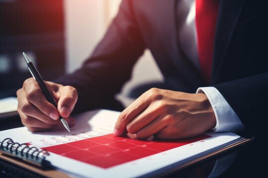 Business person actively planning and writing on a red calendar notebook