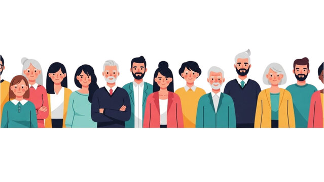 Diverse group of people standing together in a line from different cultures and ages