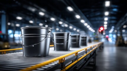 Metal buckets slide on a conveyor belt in a modern warehouse, showcasing efficient production and logistics