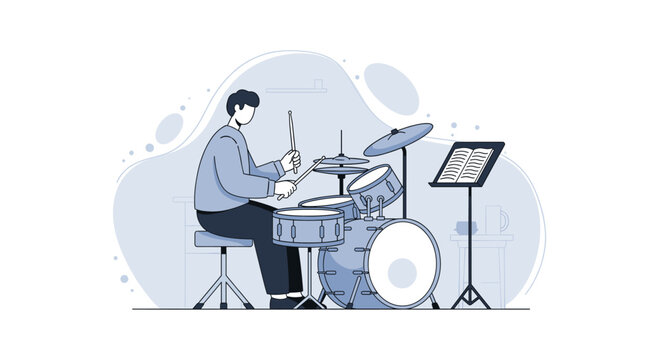Man Playing Drums with Music Sheet.