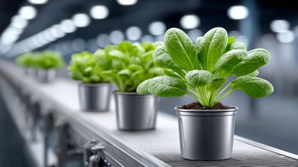 Lush lettuce plants in silver pots line a conveyor belt in a high-tech agricultural setting, showcasing healthy growth