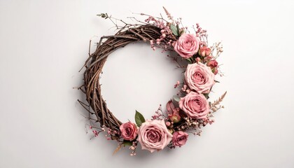 Floral Christmas wreath design featuring pink roses and green leaves on a white background creating a romantic heart shaped vector frame for holiday wedding or Valentine day card decoration