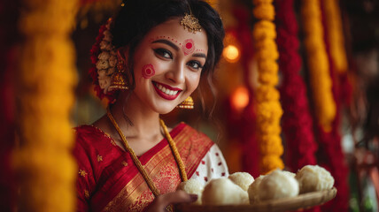 indian woman in red and white saree holding a plate of sweets and standing against a festive background