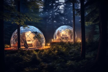 Two luxury geodesic domes illuminate a quiet forest setting at dusk