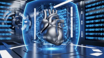 Human Heart Model Rotating Under Binary Code Shield in Futuristic Room