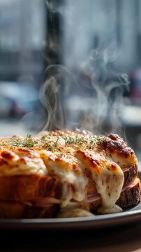 Savory gourmet grilled cheese sandwich, hot and steaming meal featuring perfectly melted cheese with an elegant herb garnish for comforting and appetizing lunch