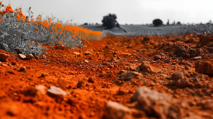 Vibrant red soil under cloudy sky