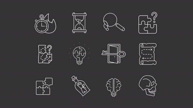 Escape room animation set. Puzzle solving animated white line icons. Finding clues, time limit. Creative ideas. Halloween festival. Isolated elements on dark background. Alpha channel HD video