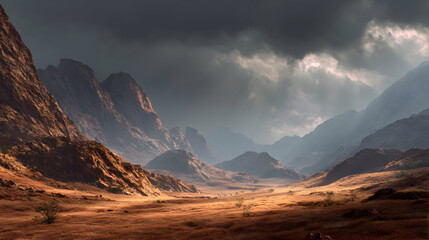 Desert mountains under stormy sky