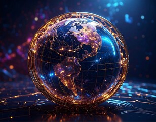 Illuminated globe, gold grid, network of lights and connections