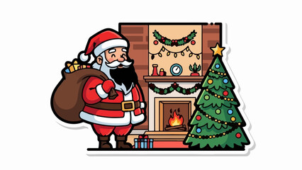 Jolly Santa with gift sack stands by a decorated Christmas tree near a cozy fireplace