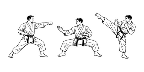 Karate martial arts training with male athletes. Self defense, combat sport and discipline concept. Vector illustration.