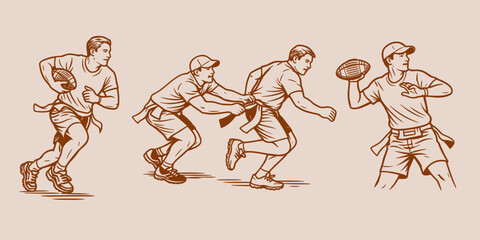 Flag football game with male players in motion. American youth sport, physical activity and teamwork concept. Vector illustration.