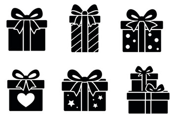 Fototapeta premium Black silhouette icon gift boxes set featuring various patterned designs with bows for celebrations, holidays, and special occasions