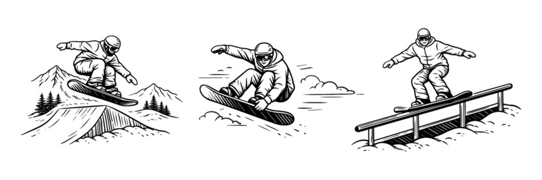 Snowboarders performing tricks on jump, rail and slope. Winter slopestyle, action sports and freestyle riding concept. Vector illustration.