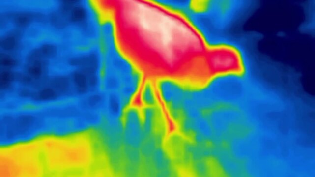 Chicken waiting for food. Image from thermal imager device.
