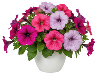 Vibrant petunia flowers in a white pot with green leaves, isolated on transparent background