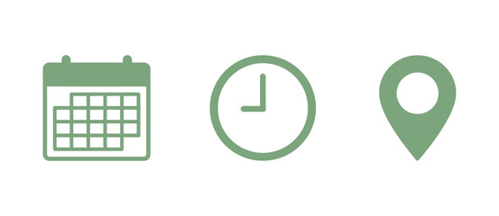 Date, Time, Address, and Notification icon set. Calendar, address, location pointer, and alarm bell icons