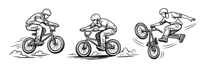 Naklejka premium Illustration of BMX riders performing stunts and racing maneuvers. Vector illustration in vintage hand drawn outline style