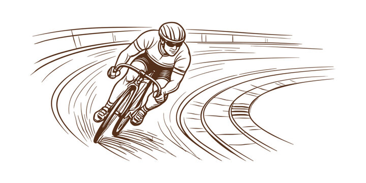 Illustration of a cyclist racing on a steep curve of a velodrome track. Vector illustration in vintage hand drawn outline style