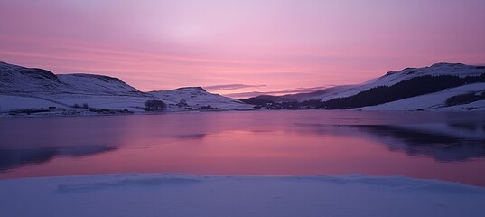 Breathtaking winter landscape with serene frozen lake reflecting colorful sunrise over snowy valleys