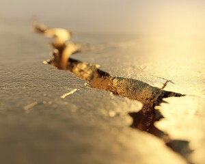 Inflation hedge gold background Close-up of cracked asphalt road surface with deep fissure, earthquake damage and ground rupture background