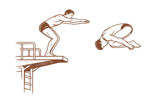 Illustration of a male diver performing a dive from a high diving platform. Vector illustration in vintage hand drawn outline style