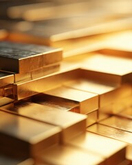 Inflation hedge gold background Stacked gold bars background, precious metal bullion close-up with warm light and shallow depth of field