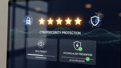 Digital interface reviewing five star rating representing cybersecurity protection with data privacy and hacking alert prevention