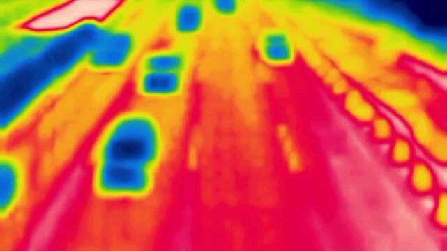 A car on the highway. Traffic on a multi-lane highway, top view. Image from thermal imager device.