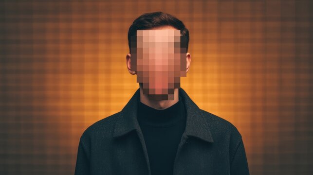 Redacted Identity Cropped Man with pixelated face wearing black turtleneck and dark coat against orange grid Identity and Censorship Concept Censored Reality