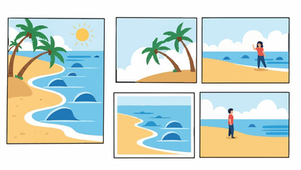 Obraz premium Five cartoon panels depict a tropical beach scene with palm trees, ocean waves, and people