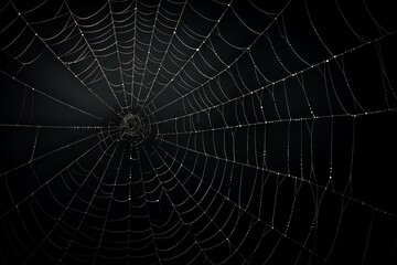 Fototapeta premium Spiderweb threads collecting many sparkling dew droplets against a dark background