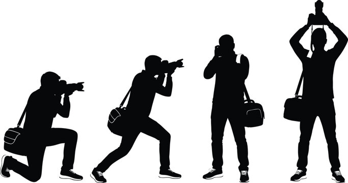 Silhouette photographer poses with camera in action, standing, crouching, kneeling, overhead shot, casual outfit, shoulder bag, sneakers style