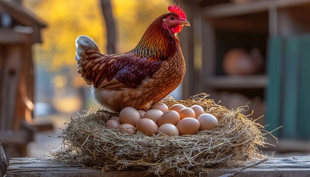 Stunning rural landscape showcasing poultry farming at golden hour with free-range hens and eggs