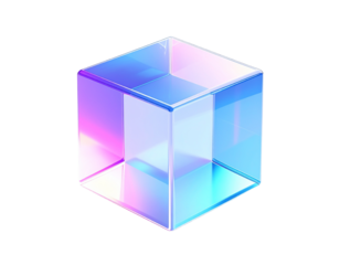 A glowing translucent cube with gradient light and sharp edges against black