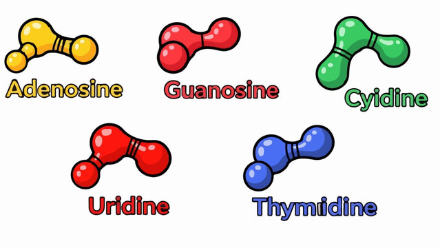 Five colorful cartoon molecular structures with their names