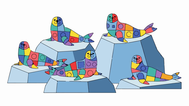 Five colorful, patchwork seals rest on icebergs