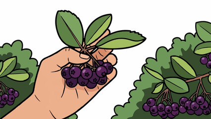 Hand picking dark berries from a bush, illustration © kartu