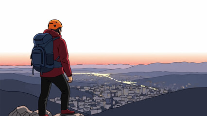 Hiker at sunrise overlooks city lights from a mountain © pelangi
