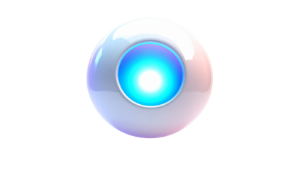 Glossy, spherical eye with a glowing blue center against black
