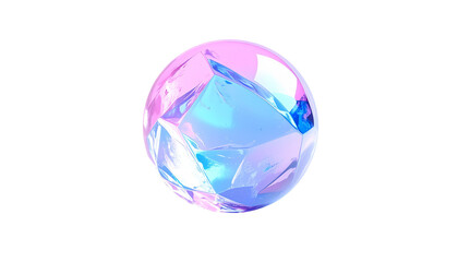 Gemstone orb, facets catching vibrant pink and blue light, on black