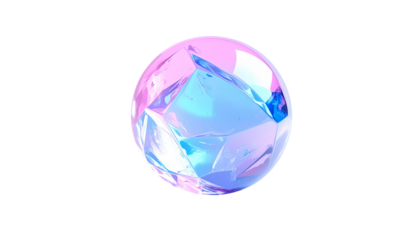 Gemstone orb, facets catching vibrant pink and blue light, on black