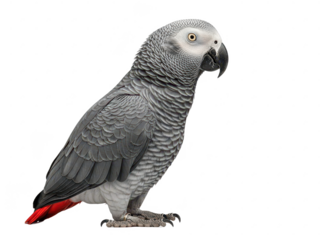 African grey parrot standing on a perch isolated on transparent background
